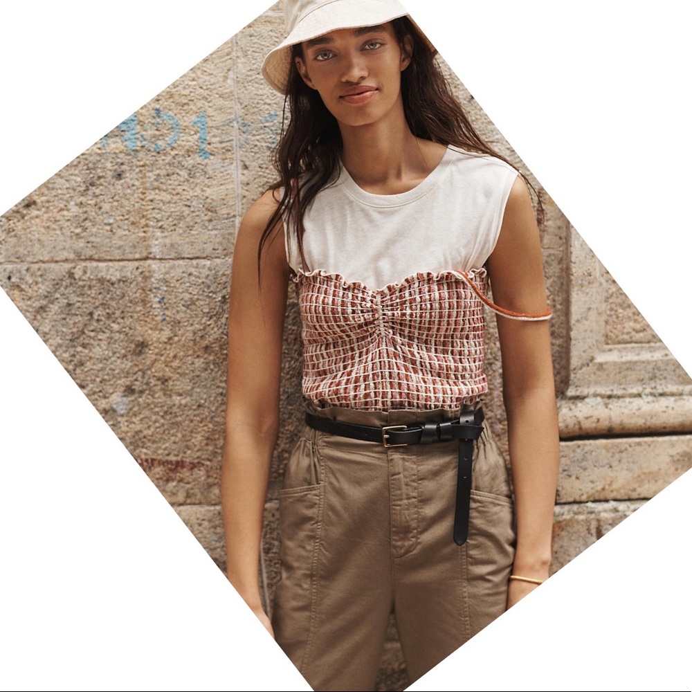 MADEWELL Madewell Parchment Vintage Check Jacquard Smocked Tank Top M - Picture 5 of 6